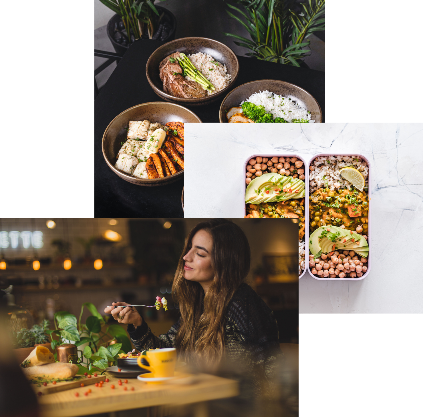 woman enjoying food,
            meals in storage container, and food bowls on the table